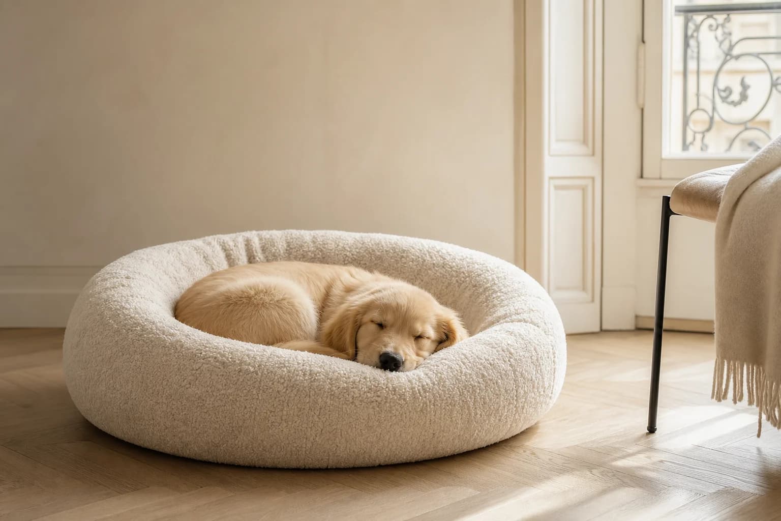 The Plush Cloud Pet Bed at home, with a puppy asleep inside