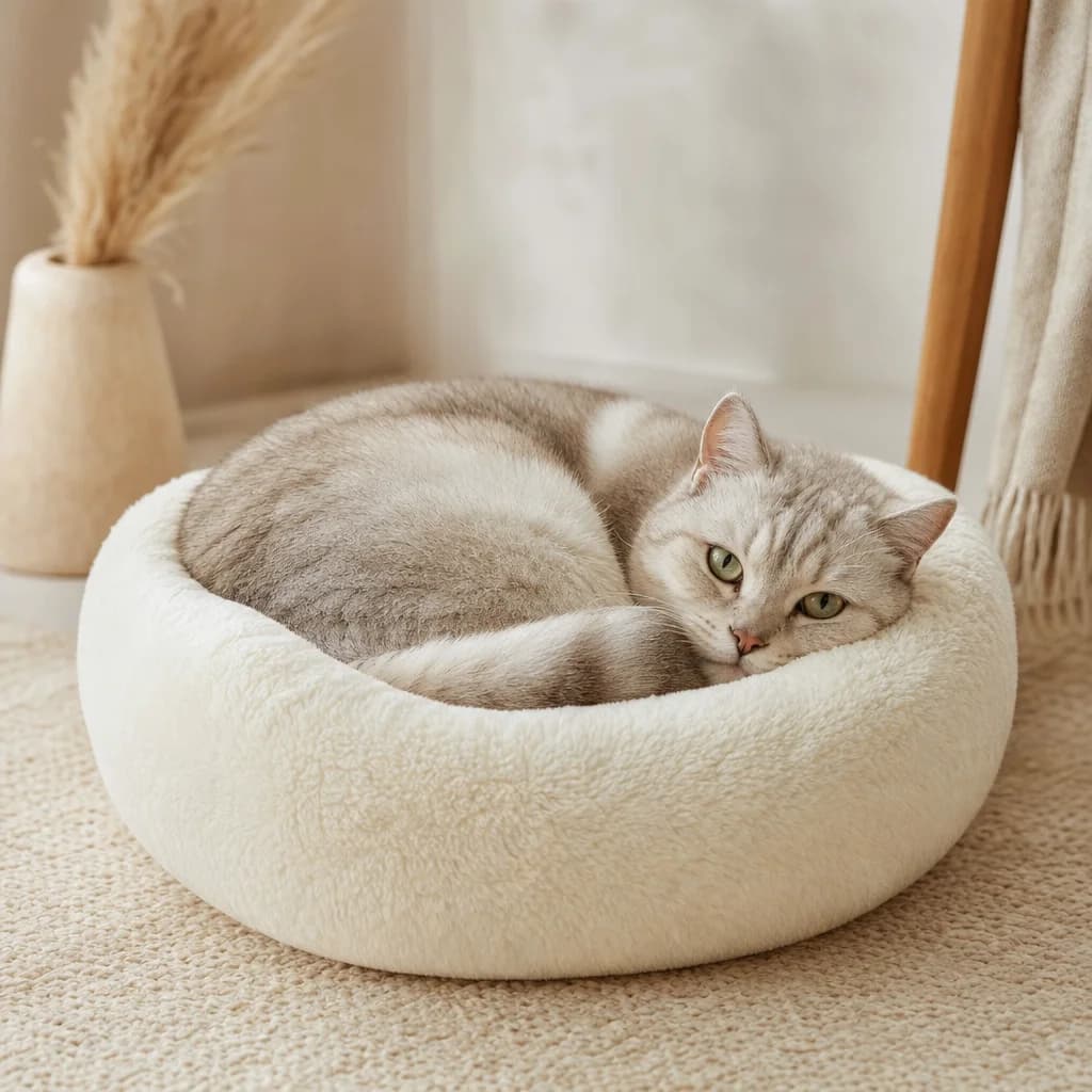 A cat curled up in a plush ivory pet bed