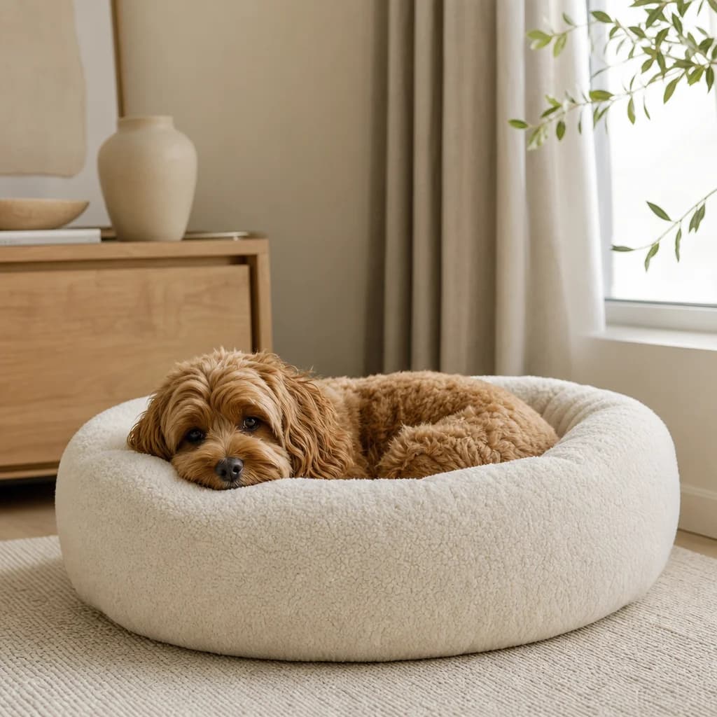 A small dog resting in a plush ivory pet bed